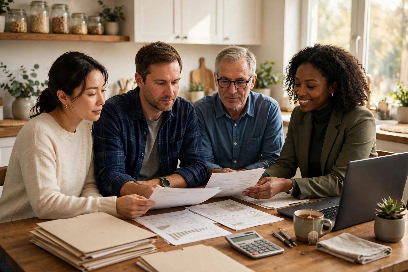 A family reviewing home care paperwork with a care coordinator